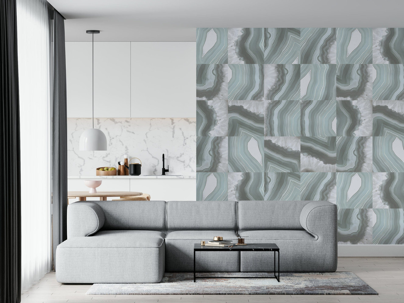Mint Marble Agate Serenity Wall Mural featuring swirling mint and white marble patterns with serene agate textures.