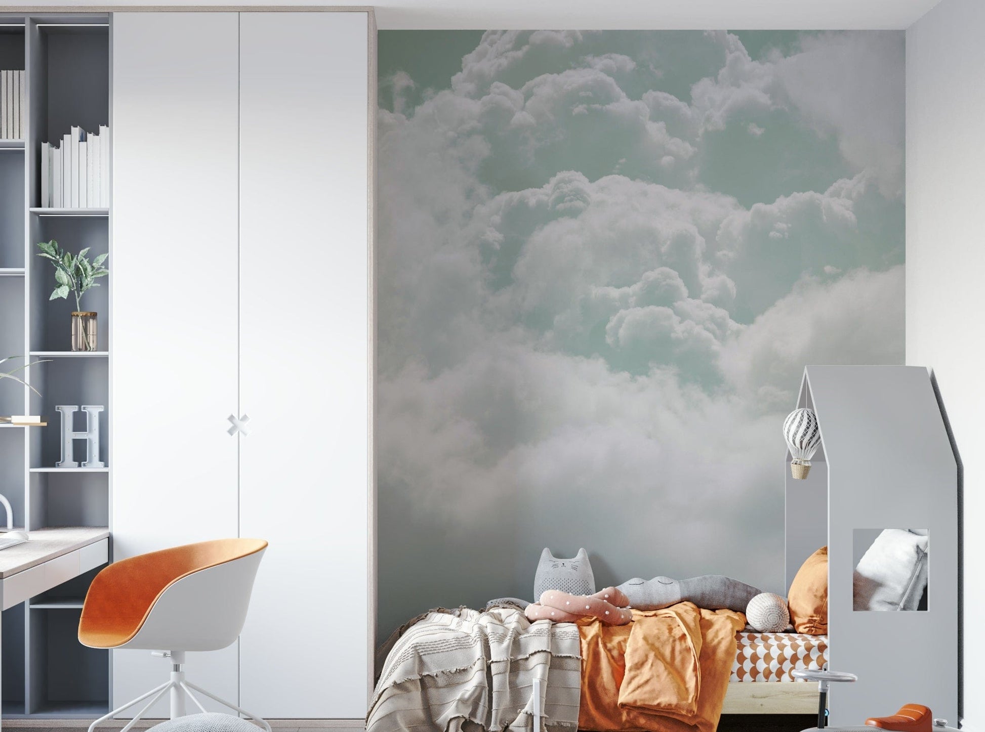 The peel and stick wallpaper showing realistic sky textures.