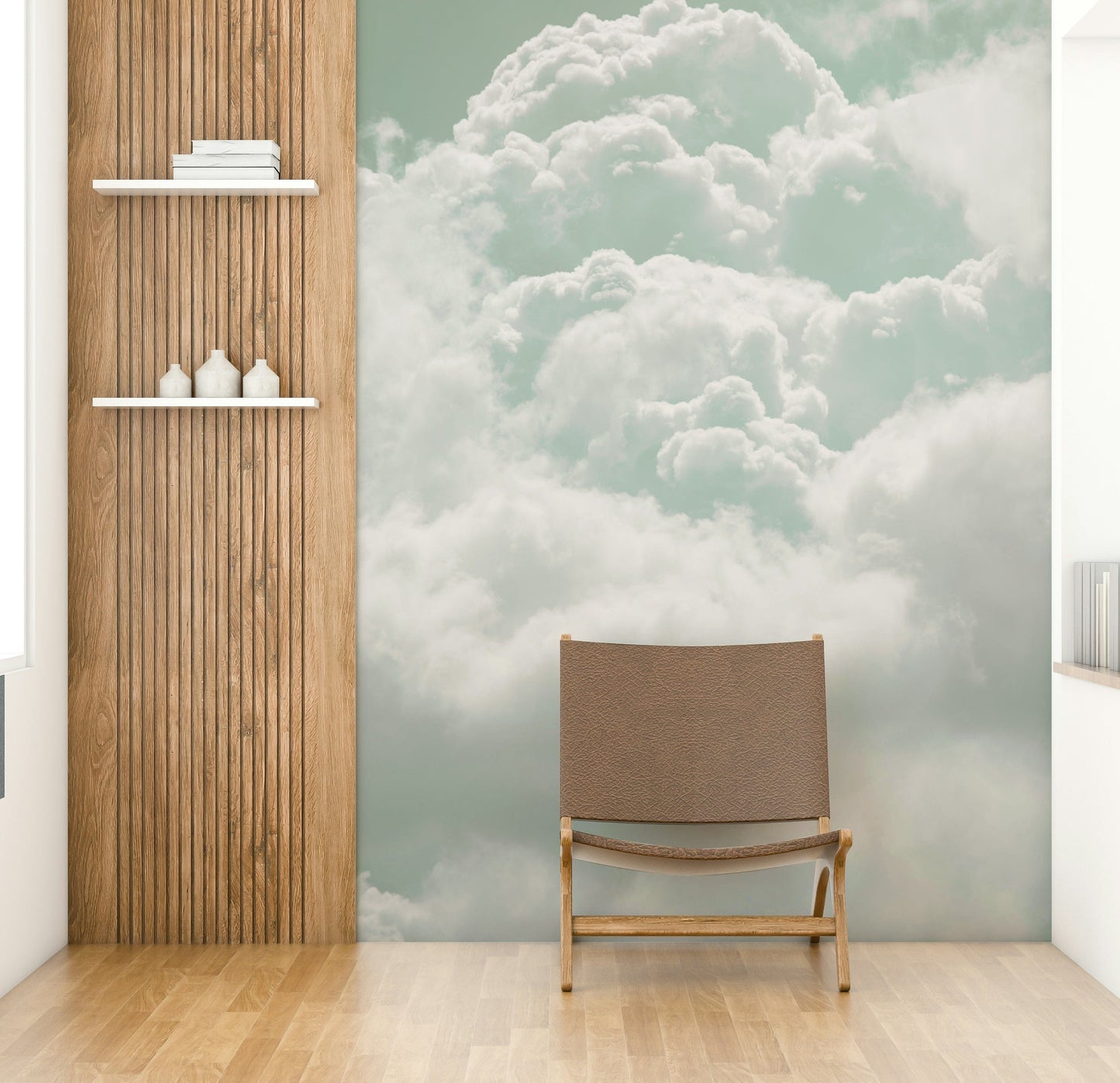 The wallpaper is used as a feature wall in a bedroom.
