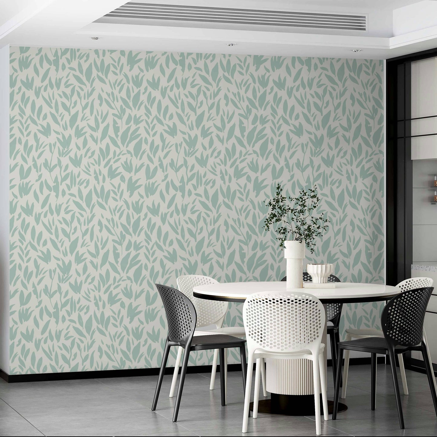Soft teal foliage wallpaper with a white background.