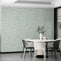 Soft teal foliage wallpaper with a white background.