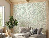 Mint green leaf pattern wallpaper for modern walls.