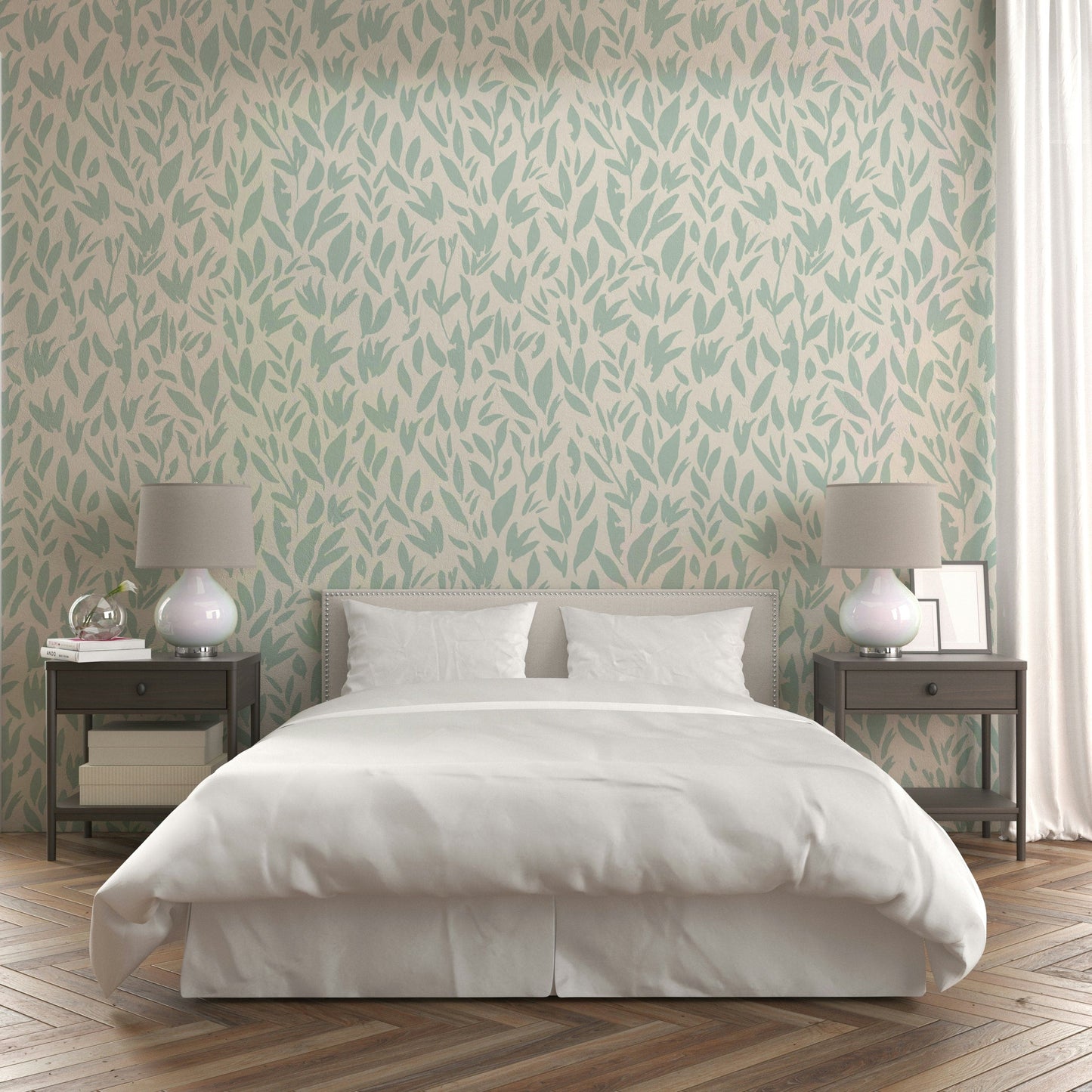 Contemporary teal leaf print wallpaper on white.