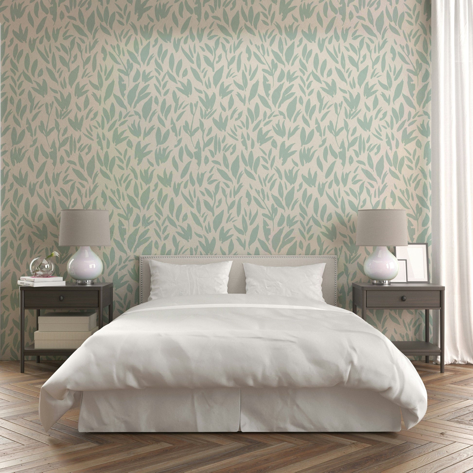 Contemporary teal leaf print wallpaper on white.