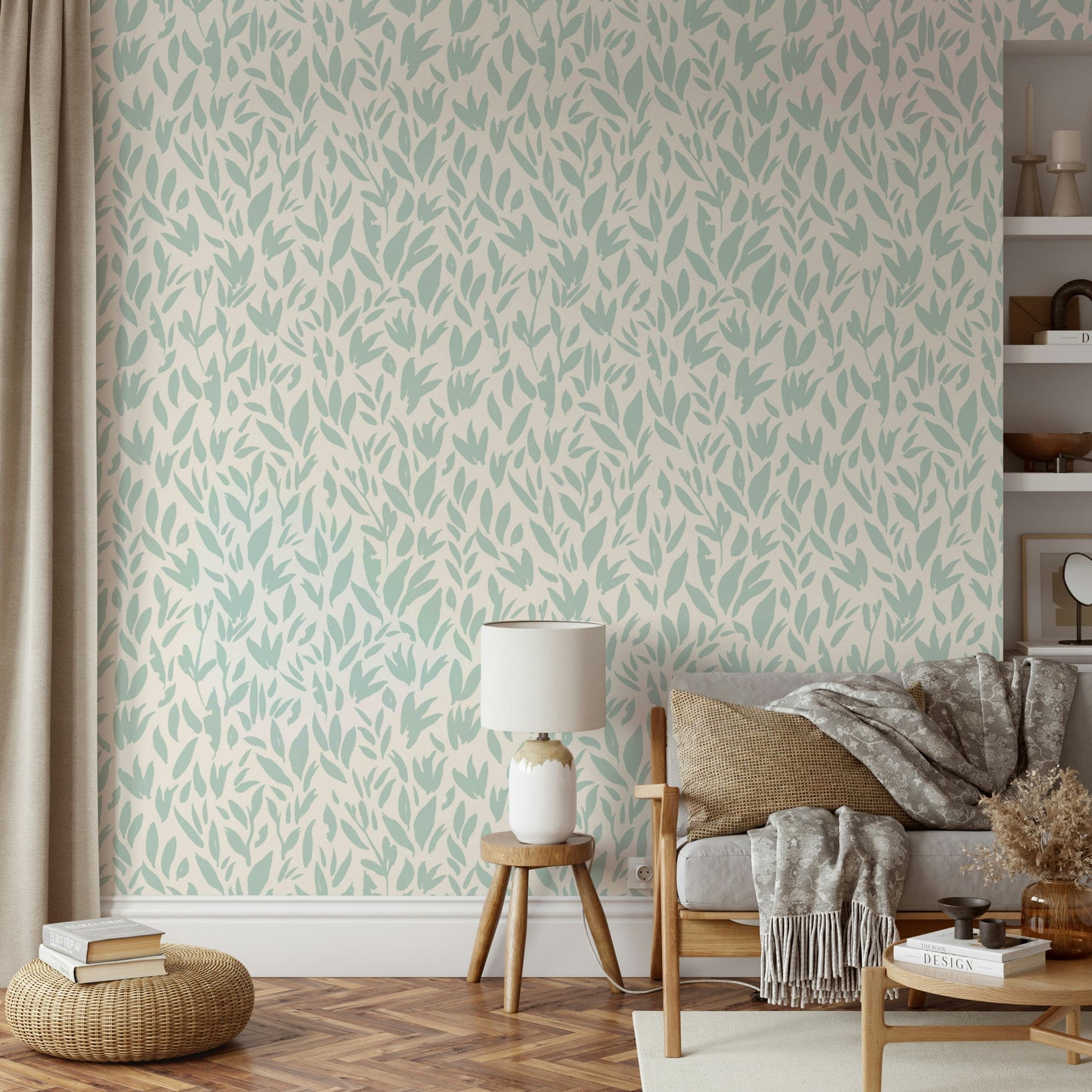 Abstract botanical wallpaper in a soothing mint hue.