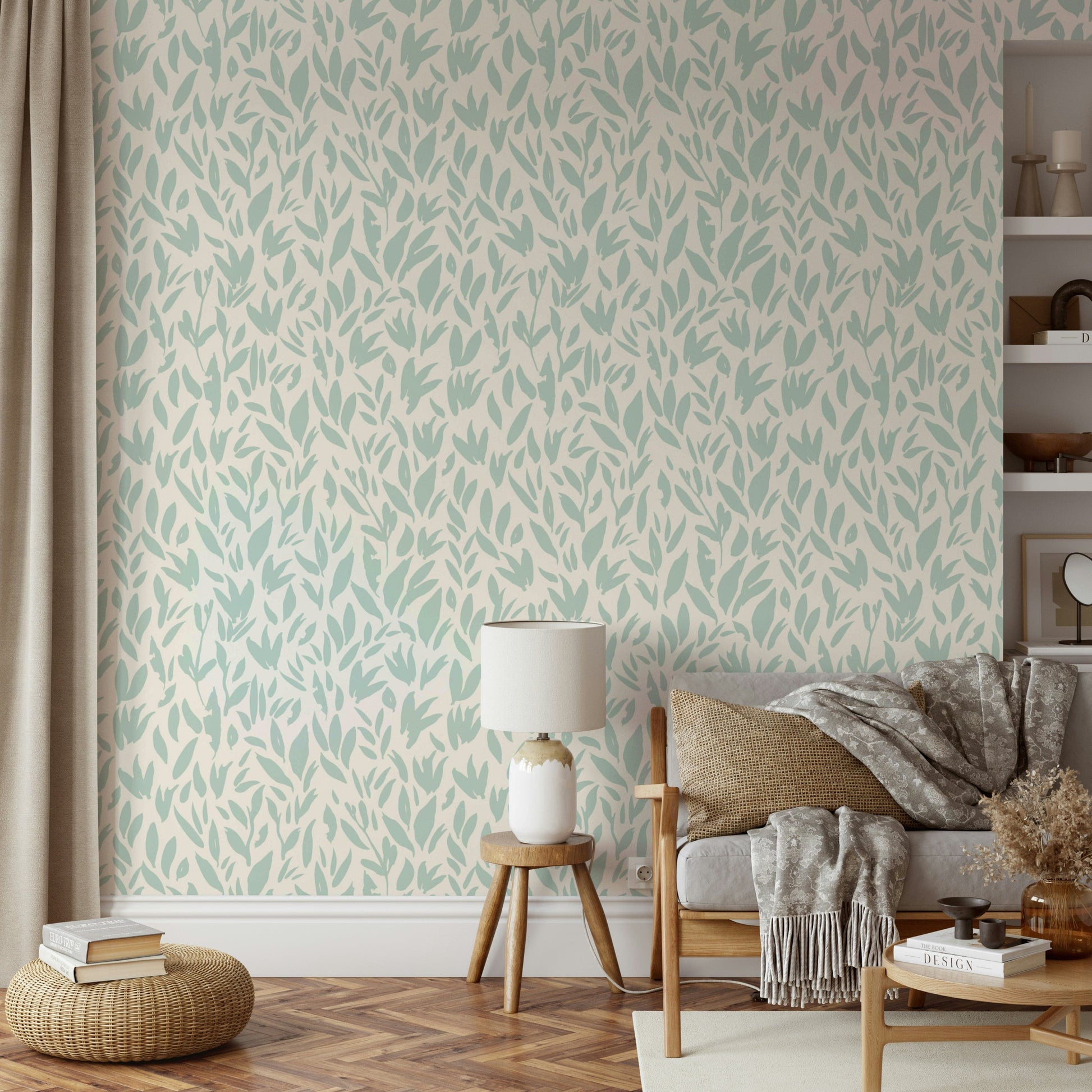 Abstract botanical wallpaper in a soothing mint hue.