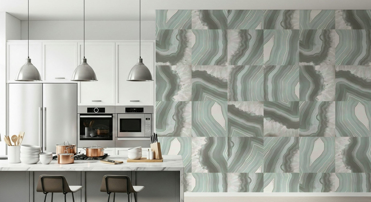 Marble-inspired wallpaper with soft mint hues and elegant agate-inspired swirls.