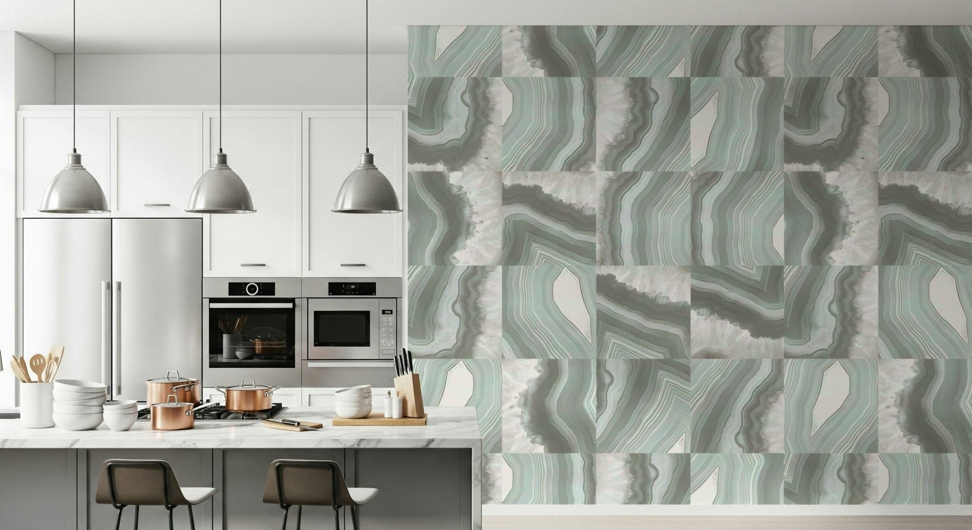 Marble-inspired wallpaper with soft mint hues and elegant agate-inspired swirls.