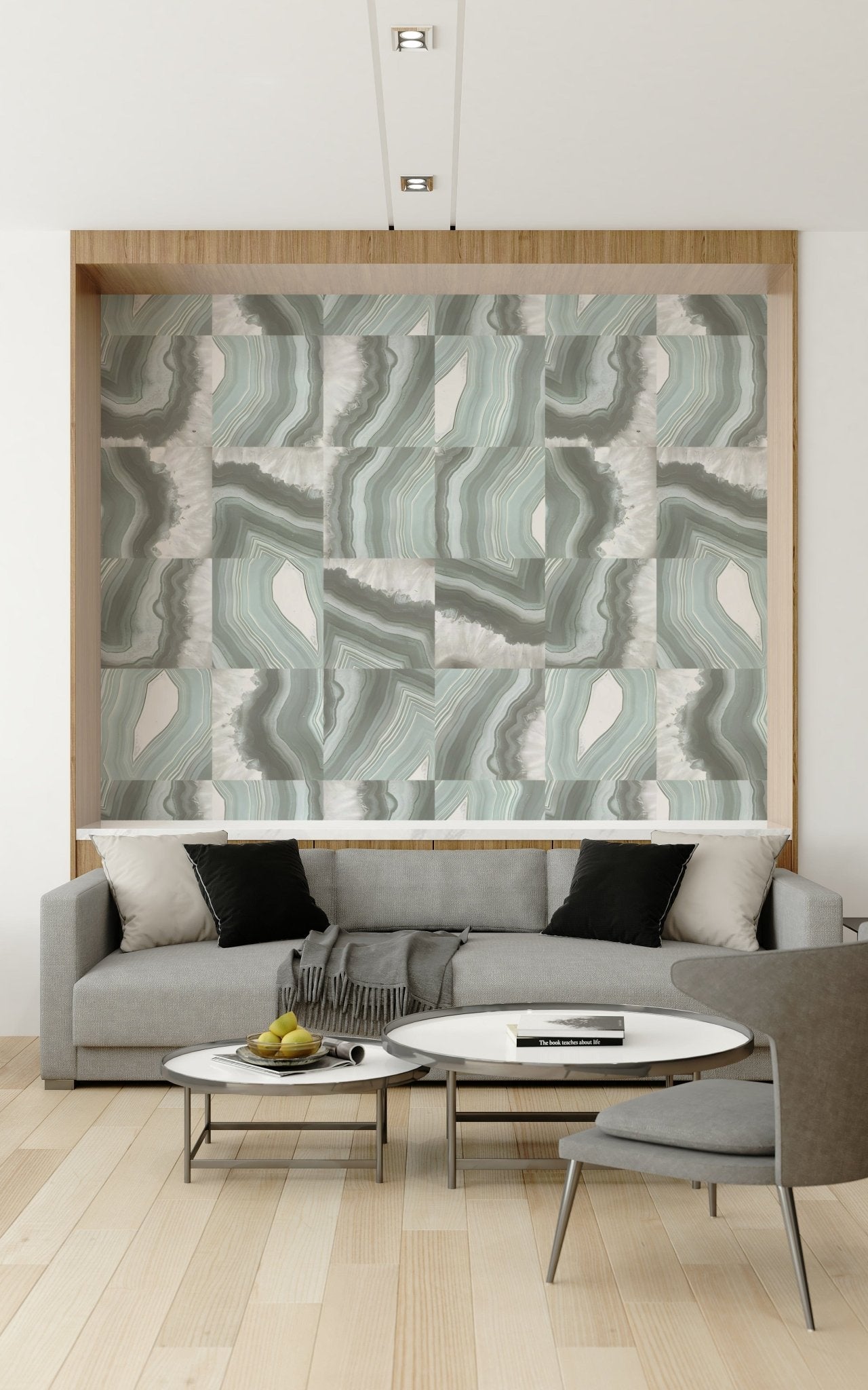Decorative mural featuring soft green and white marble textures with natural agate flow.