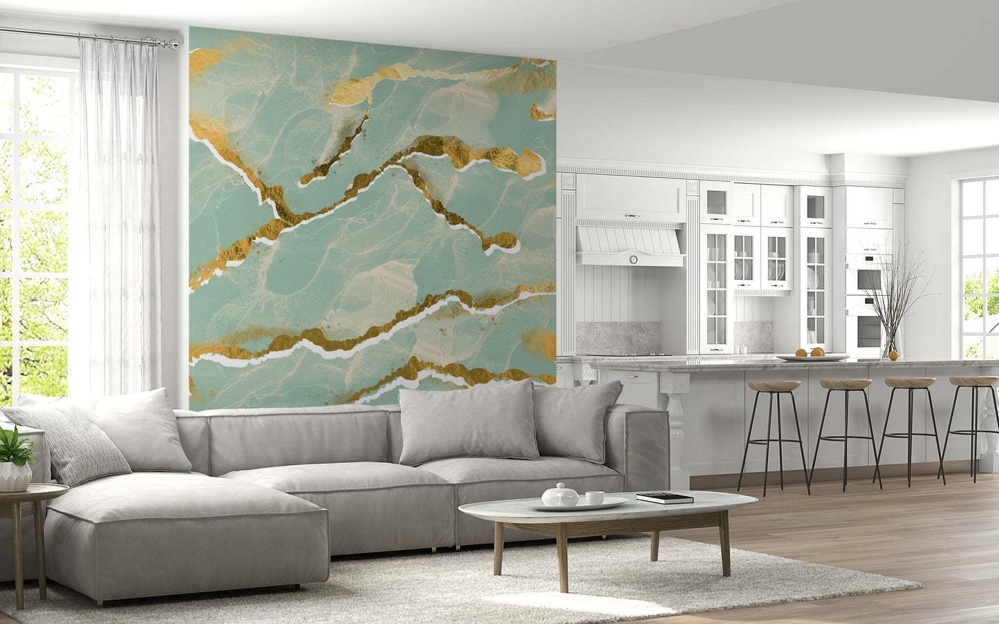 Luxe mint green Marble Wallpaper mural featuring an abstract design with striking golden veins.