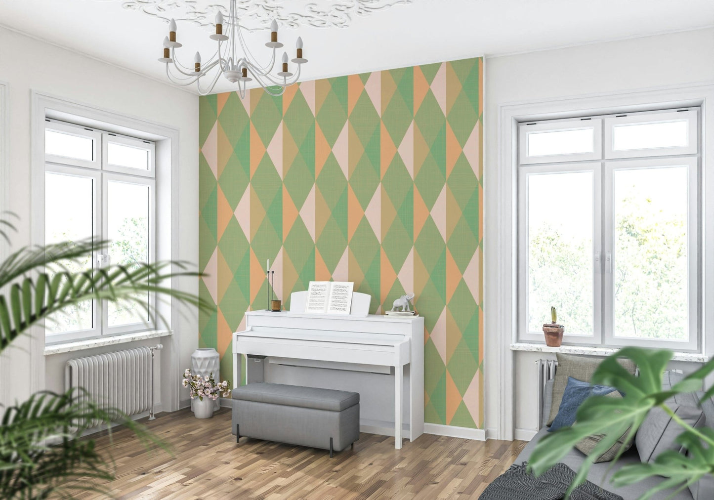 Geometric wall mural enhances cozy bedroom space