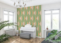 Geometric wall mural enhances cozy bedroom space