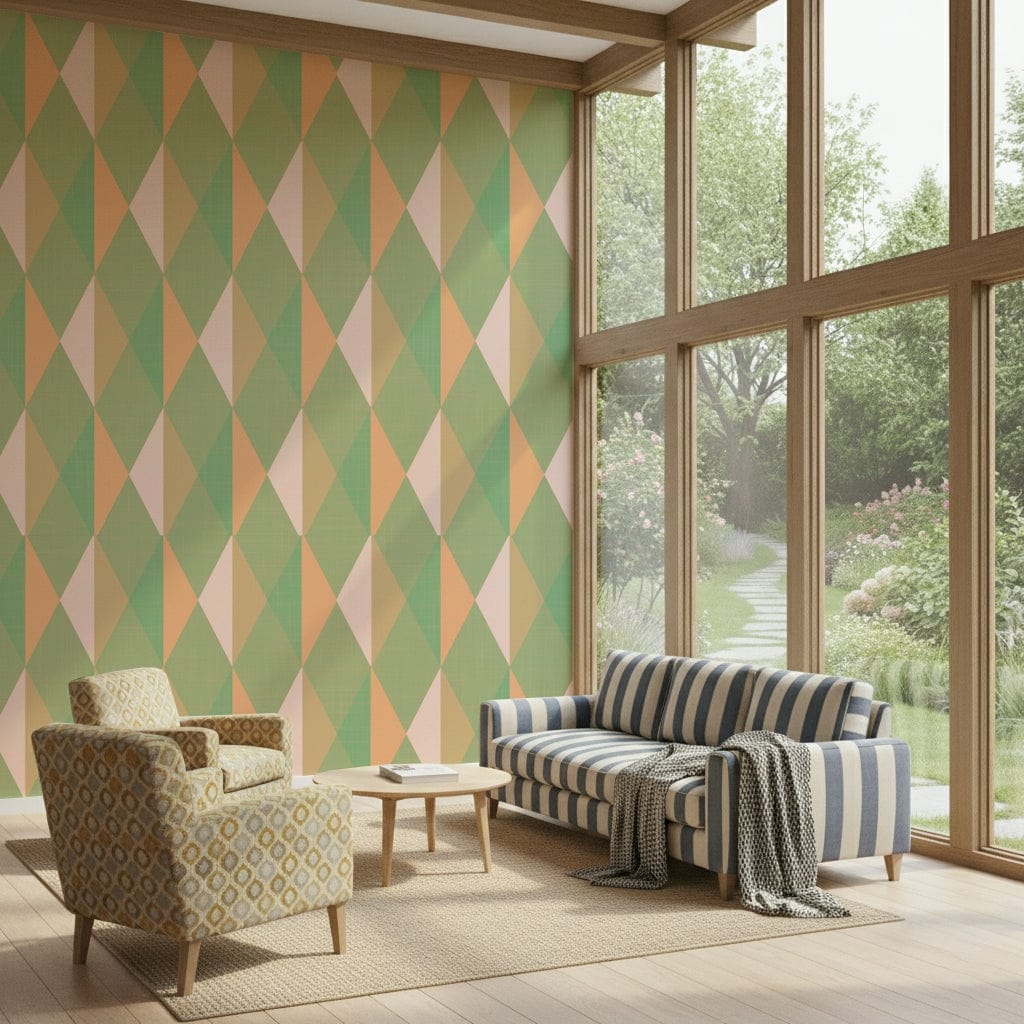 Soft pastel wall mural complements sofa setup