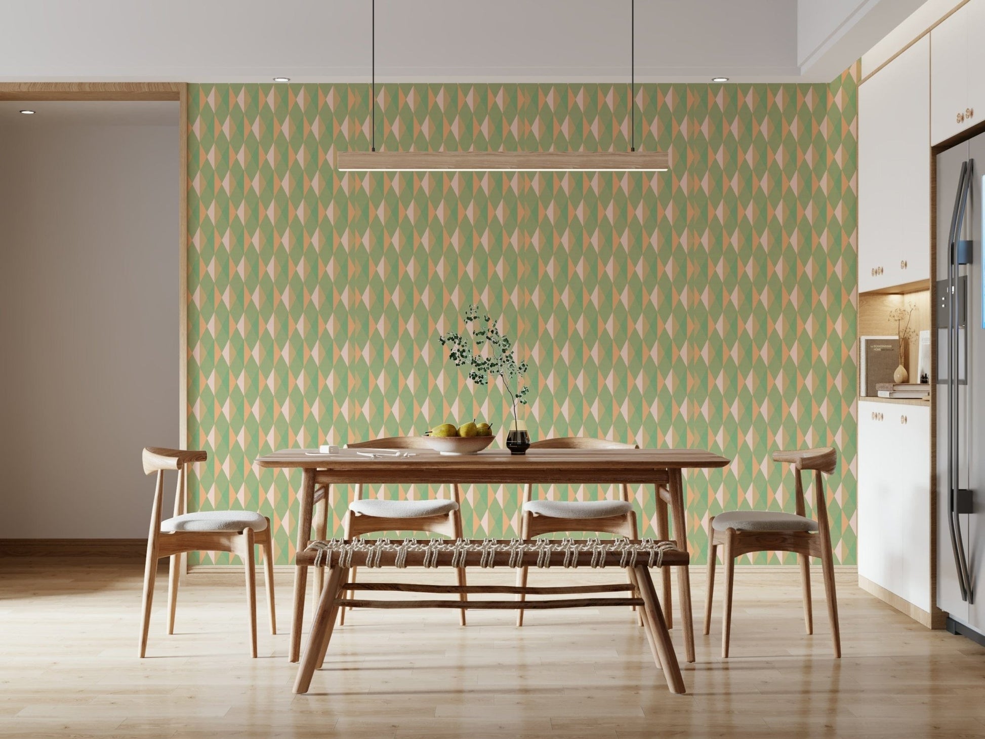 Abstract diamond grid wall mural in calming green tones.