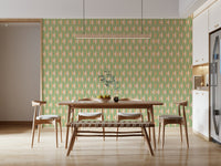 Abstract diamond grid wall mural in calming green tones.