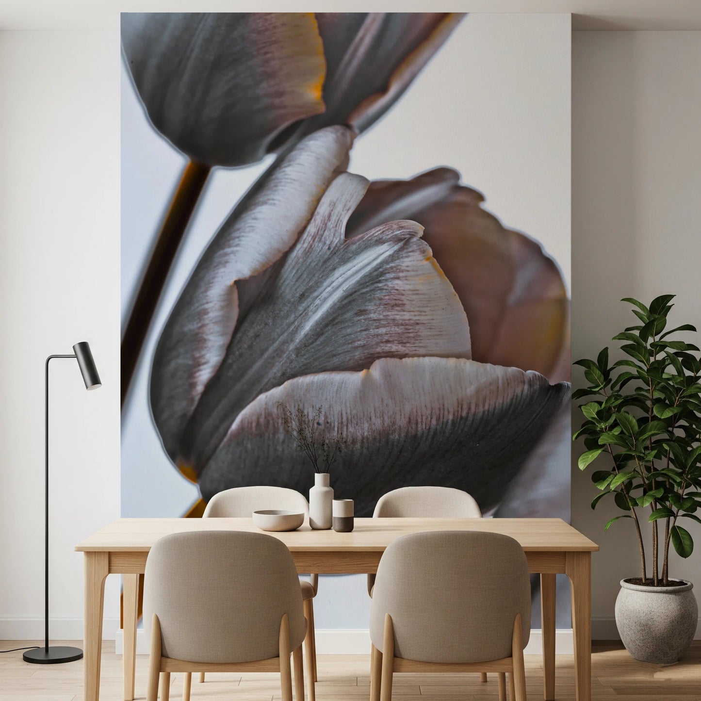 Miracle Tulips wall mural of mauve and grey tulips in a dining room with a pale wood table and taupe chairs