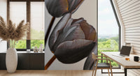 Miracle Tulips wall mural of grey-mauve tulips in a home office with a wood desk, laptop and large window