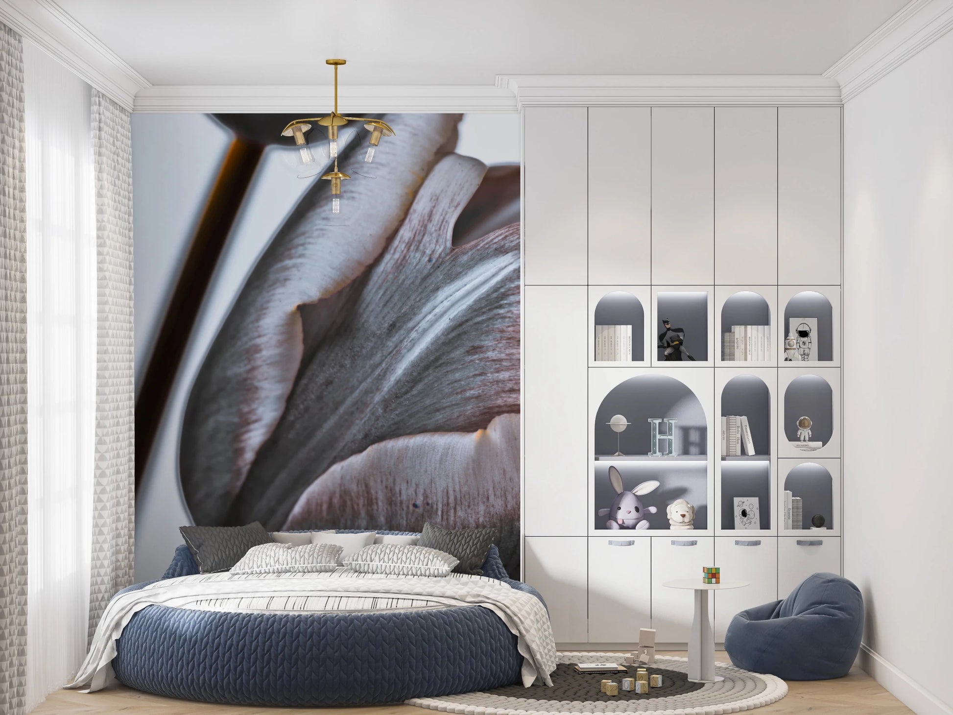 Miracle Tulips wall mural of dusky tulips behind a round navy bed with a brass chandelier in a child's bedroom