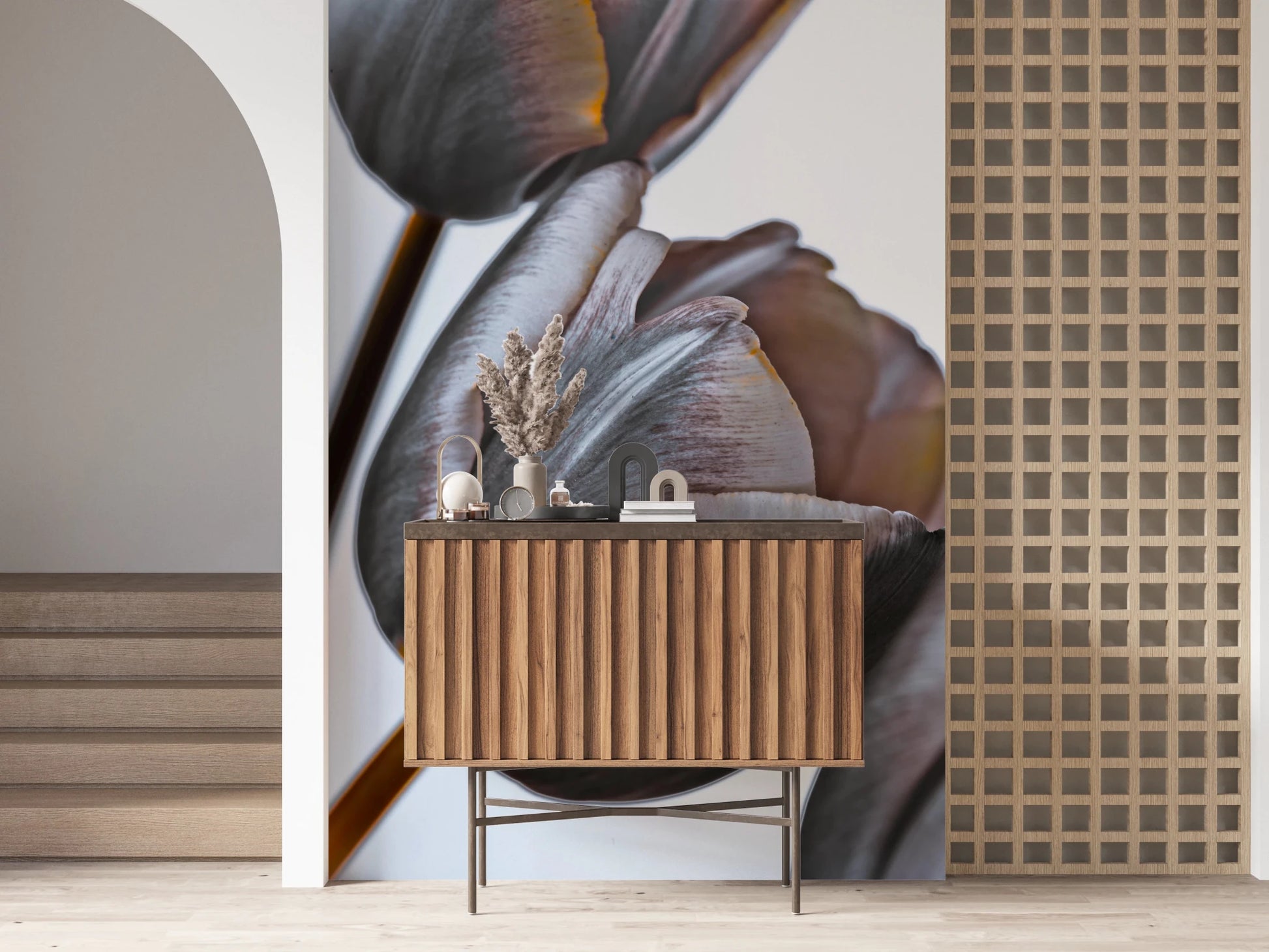 Miracle Tulips wall mural of grey-plum tulips behind a fluted wood sideboard with pampas in an entryway