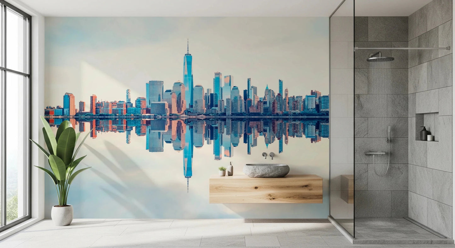 Mirrored Metropolis wallpaper mural of the mirrored skyline in a bathroom with a wood vanity and stone vessel sink