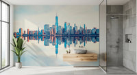 Mirrored Metropolis wallpaper mural of the mirrored skyline in a bathroom with a wood vanity and stone vessel sink