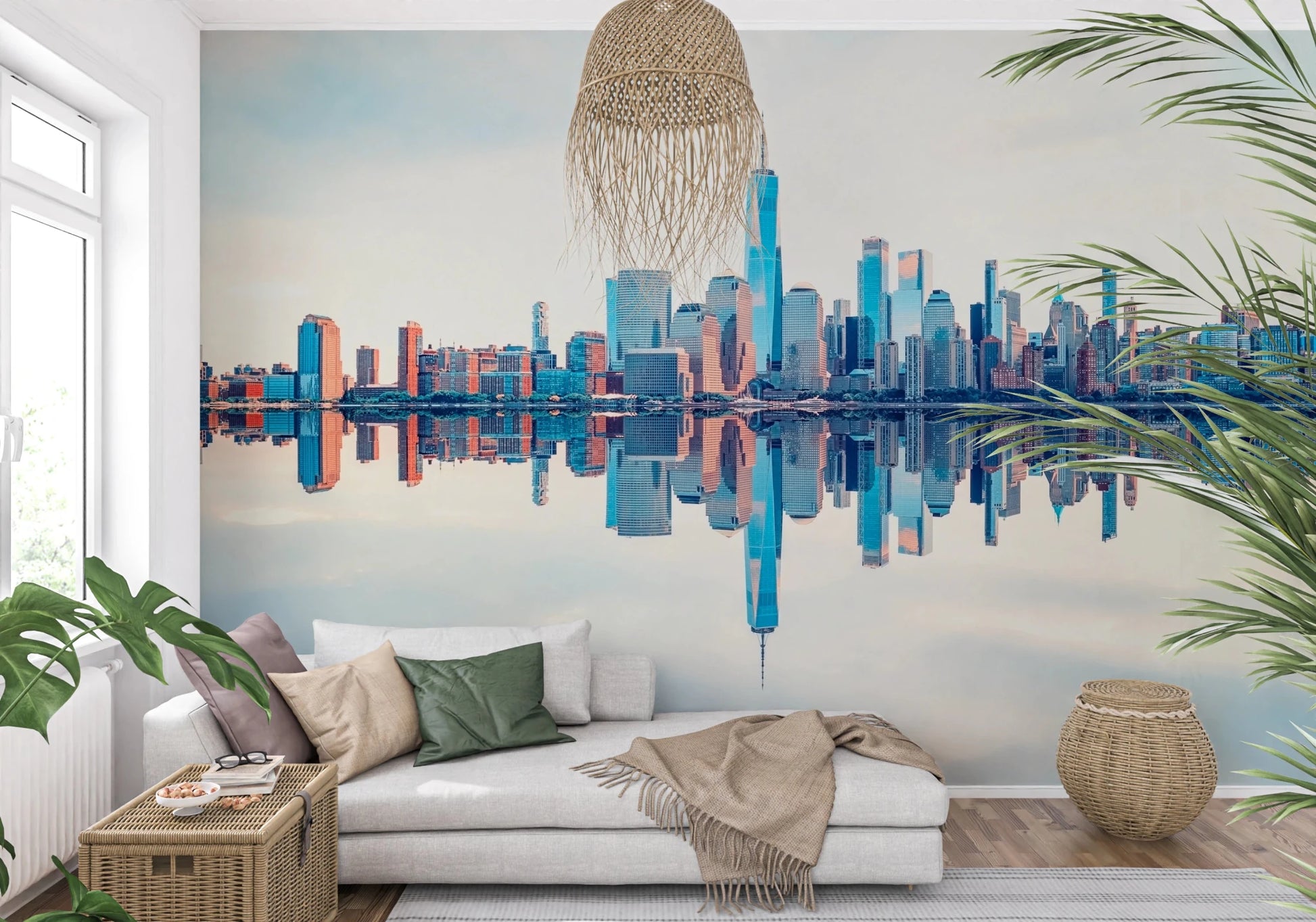 Mirrored Metropolis wallpaper mural of the reflected skyline behind a white chaise daybed with a rattan pendant