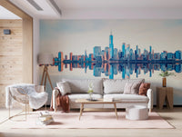 Mirrored Metropolis wallpaper mural of the mirrored city behind a cream sofa with a fluffy chair on a pink rug