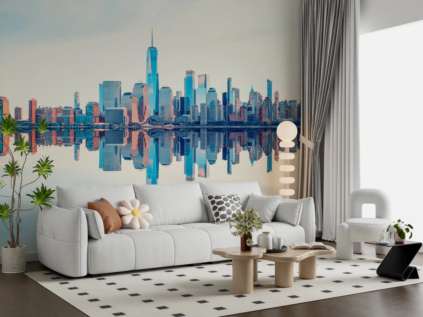 Mirrored Metropolis wallpaper mural of the reflected skyline behind a white puffy sofa on a dotted rug