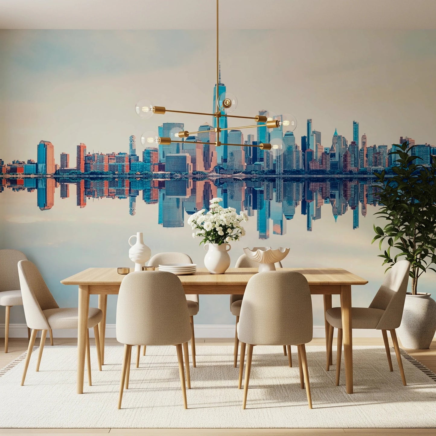 Mirrored Metropolis wallpaper mural of the mirrored skyline in a dining room with beige chairs and brass chandelier