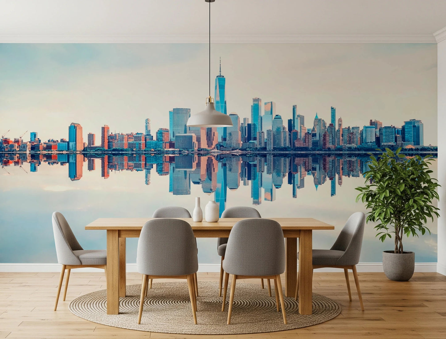 Mirrored Metropolis wallpaper mural of the mirrored Manhattan skyline behind a wood dining table and grey chairs