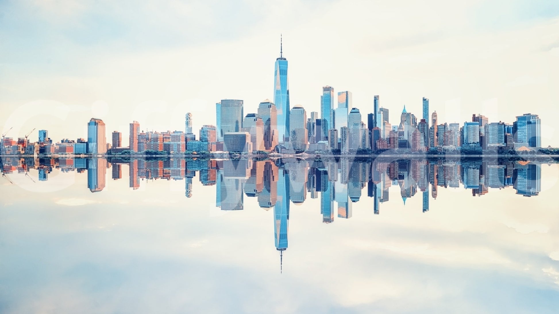 Mirrored Metropolis wallpaper mural shown as a full-wall view of the Manhattan skyline mirrored on calm water