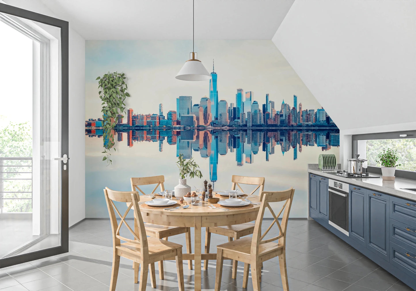 Mirrored Metropolis wallpaper mural of the reflected city in a kitchen with a round table and blue cabinets