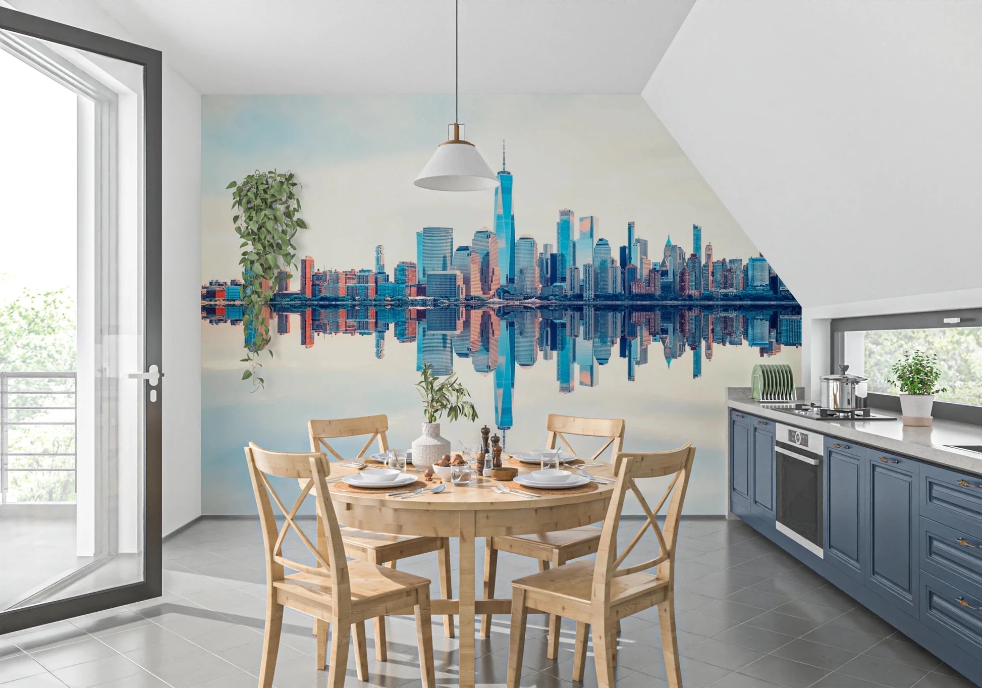 Mirrored Metropolis wallpaper mural of the reflected city in a kitchen with a round table and blue cabinets