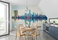 Mirrored Metropolis wallpaper mural of the reflected city in a kitchen with a round table and blue cabinets