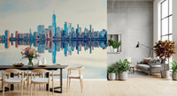 Mirrored Metropolis wallpaper mural of the reflected skyline behind a black dining table and wishbone chairs