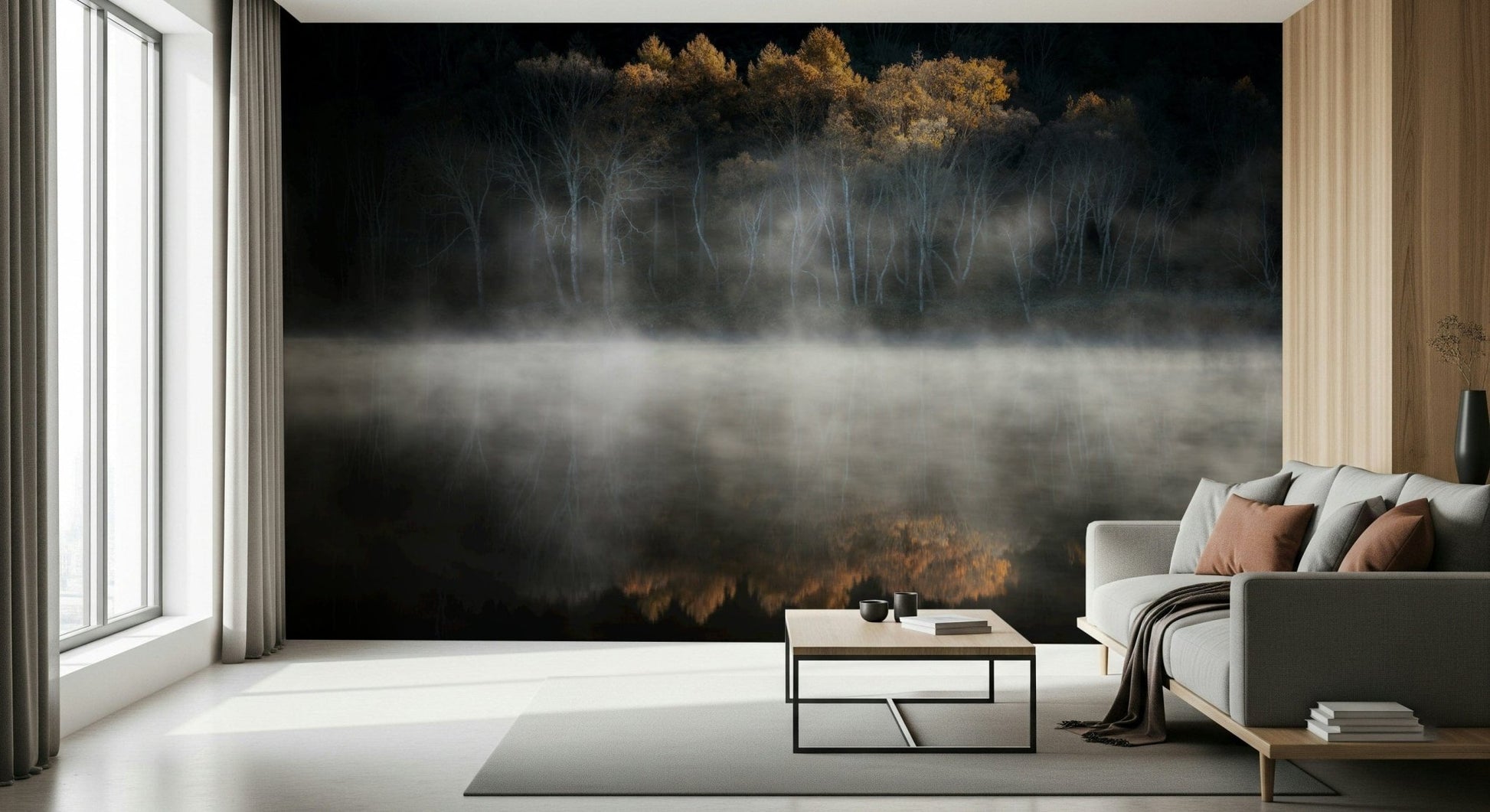 Dark woodland wallpaper mural, captivating reflection, beautiful nature ambiance.
