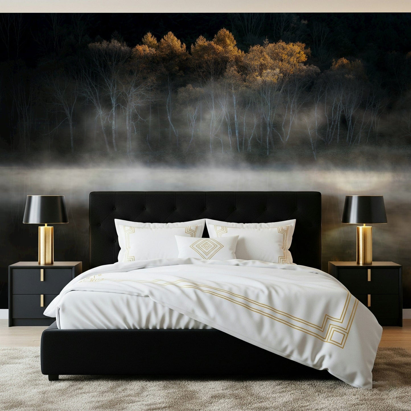 Elegant woodland wallpaper, dark background, luminous tree line, inspiring home.