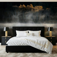 Elegant woodland wallpaper, dark background, luminous tree line, inspiring home.