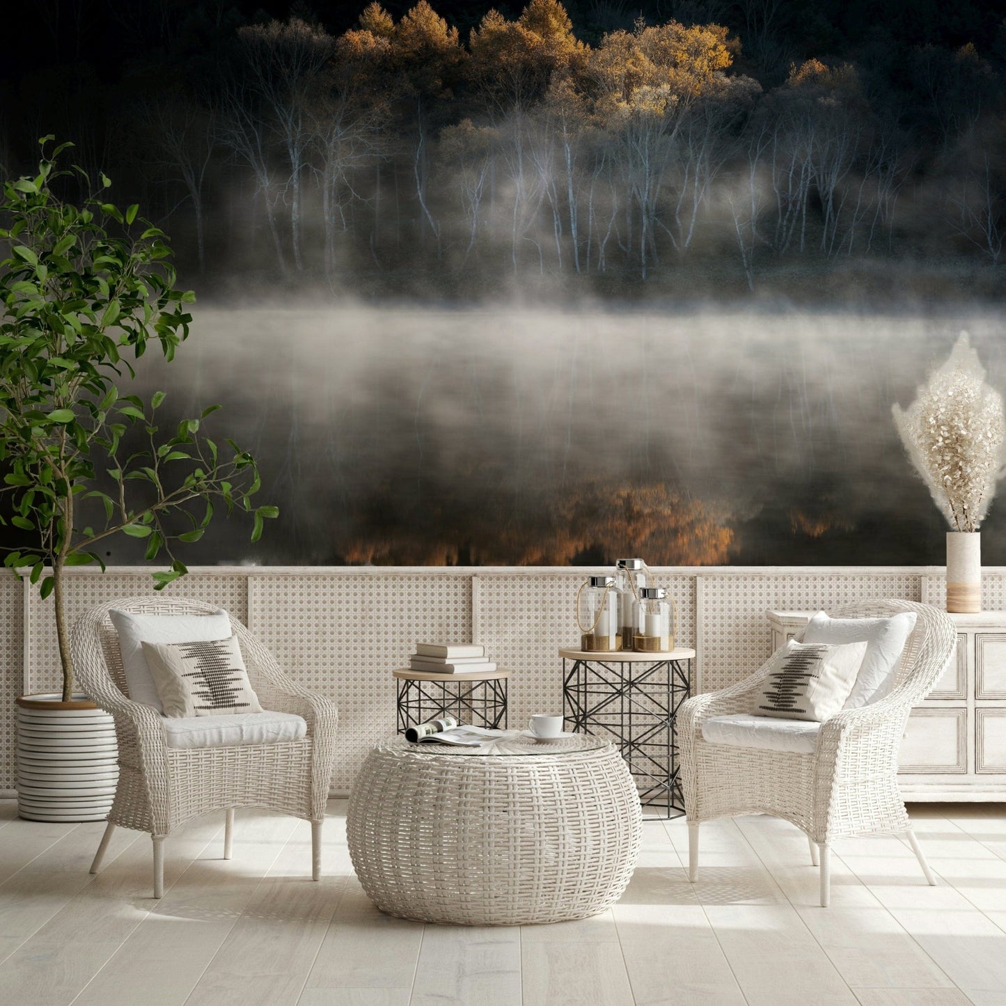 Designer wallpaper, golden glow on forest edge, heavy surface fog, captivating.