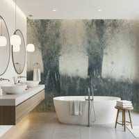 A contemplative misty forest wallpaper mural for a feature wall.