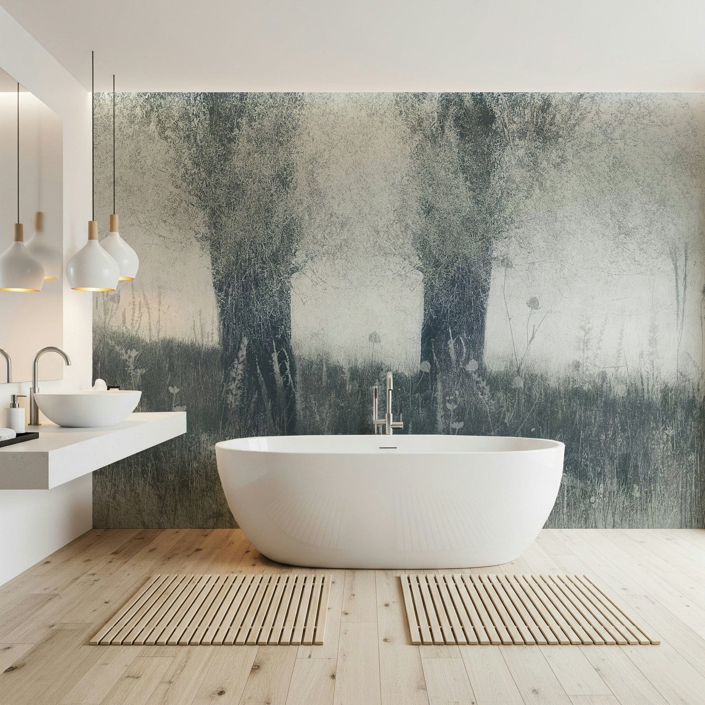 A beautiful serene forest wallpaper mural with subtle mist and elegant trees.