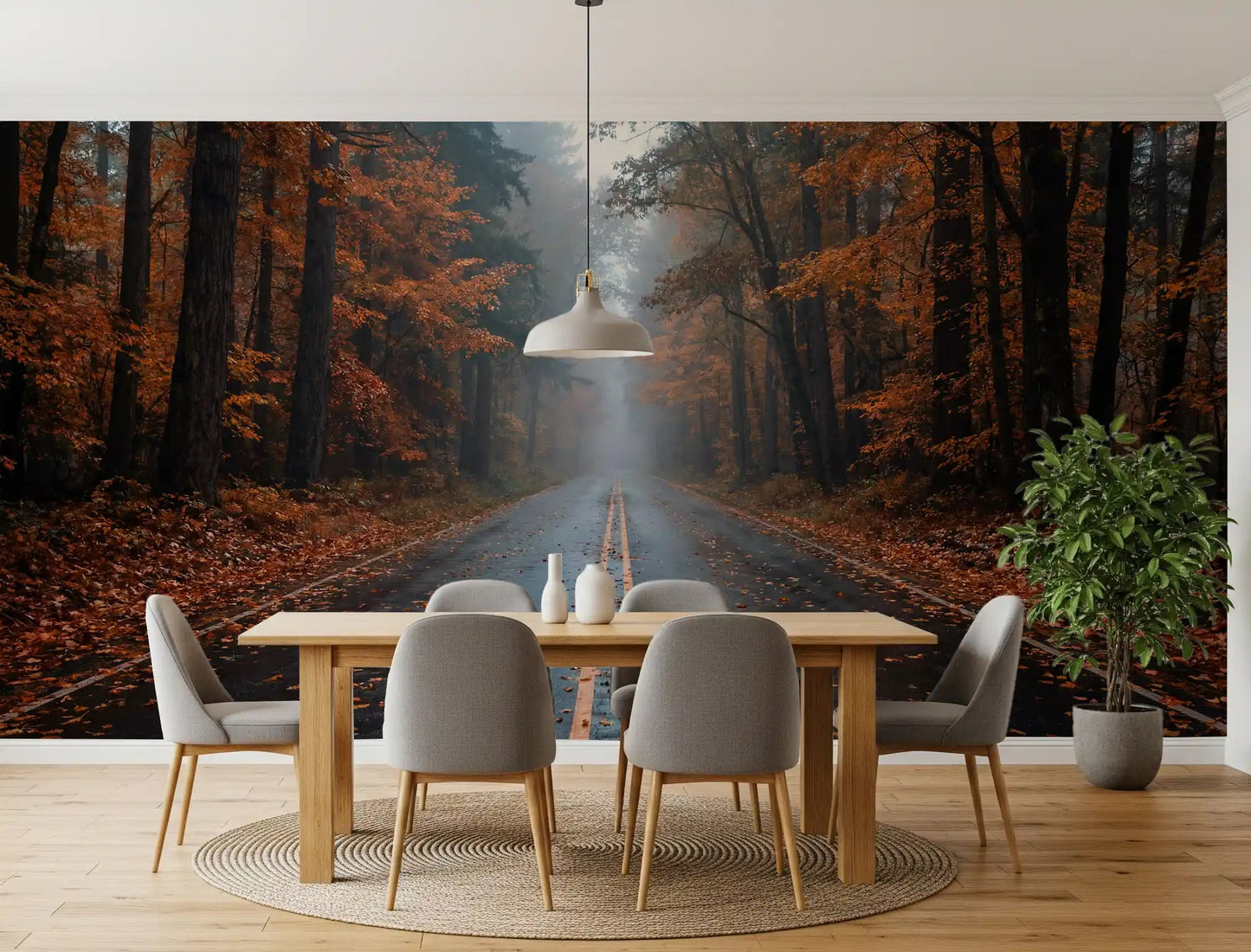 Misty Autumn Forest Road Wall Mural
