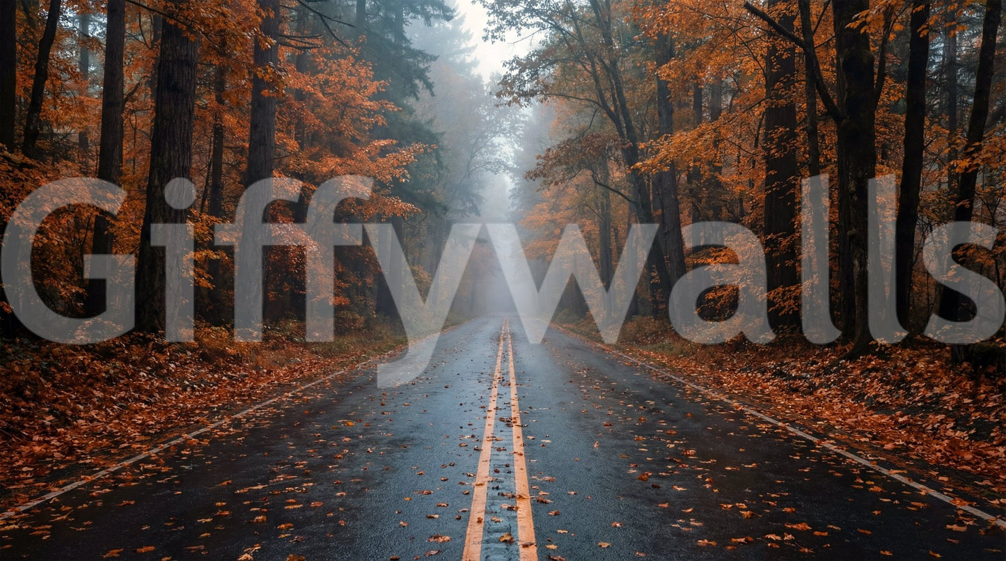 Misty Autumn Forest Road Wall Mural