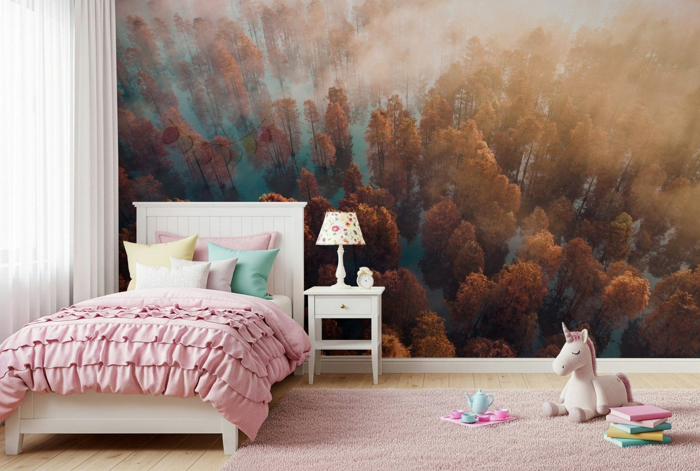 Atmospheric wall mural, dreamy landscape, overhead view, beautiful wilderness, Misty Autumn Forest.