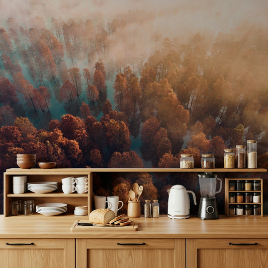 Misty Autumn Forest accent wallpaper, sunlit fog layer, warm light glow.