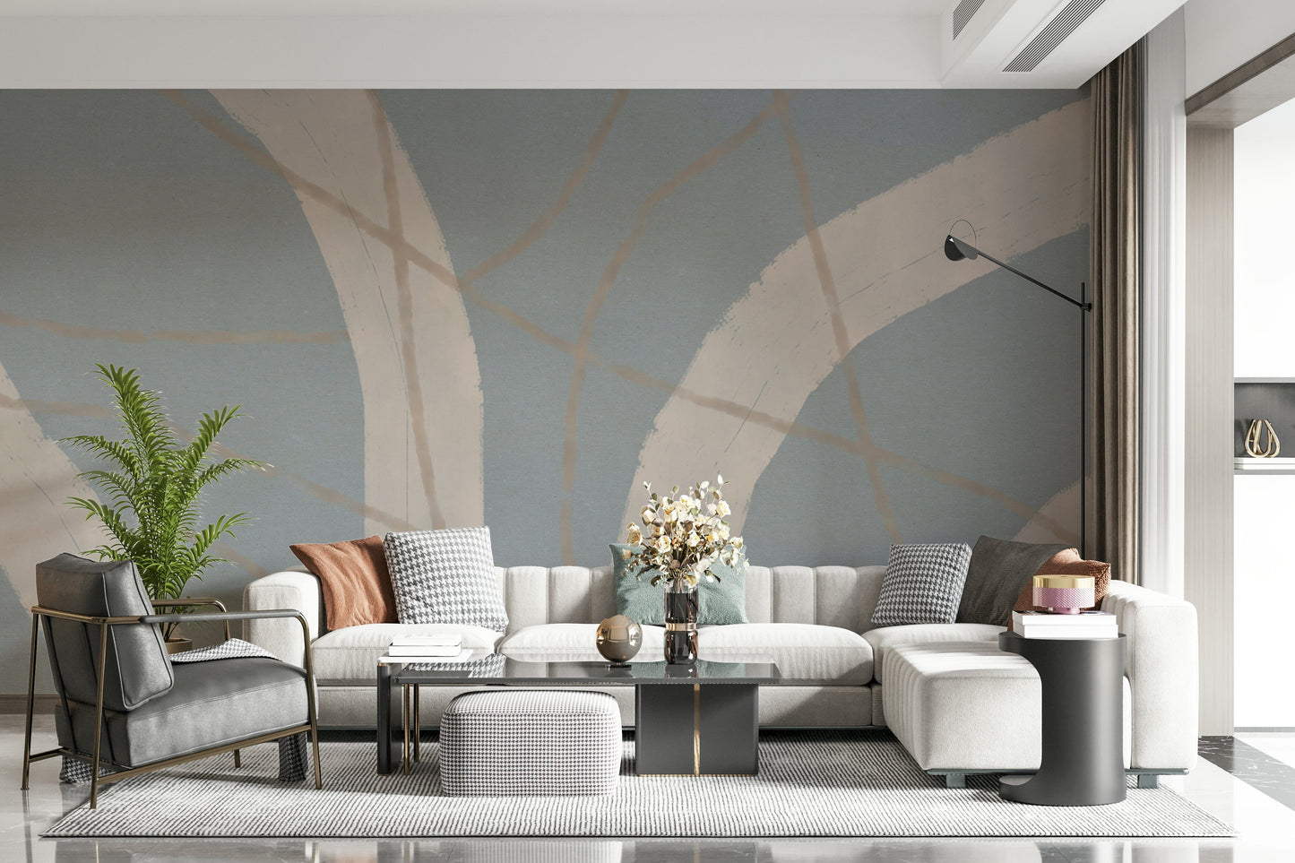 A beautiful modern art wall mural of delicate lines.