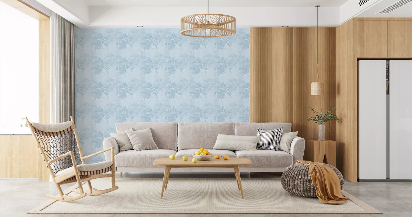 Repeating blue leaf wallpaper in cool botanical tones