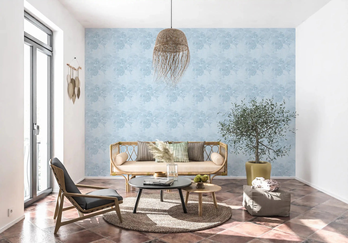 Tropical blue leaf monstera wallpaper with calm layered foliage pattern