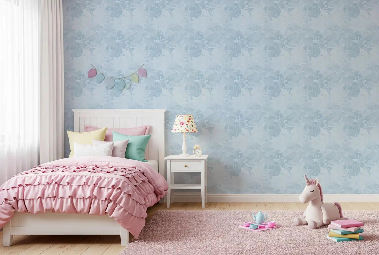 Girls room Misty BlueLeaf wallpaper with soft botanical repeat