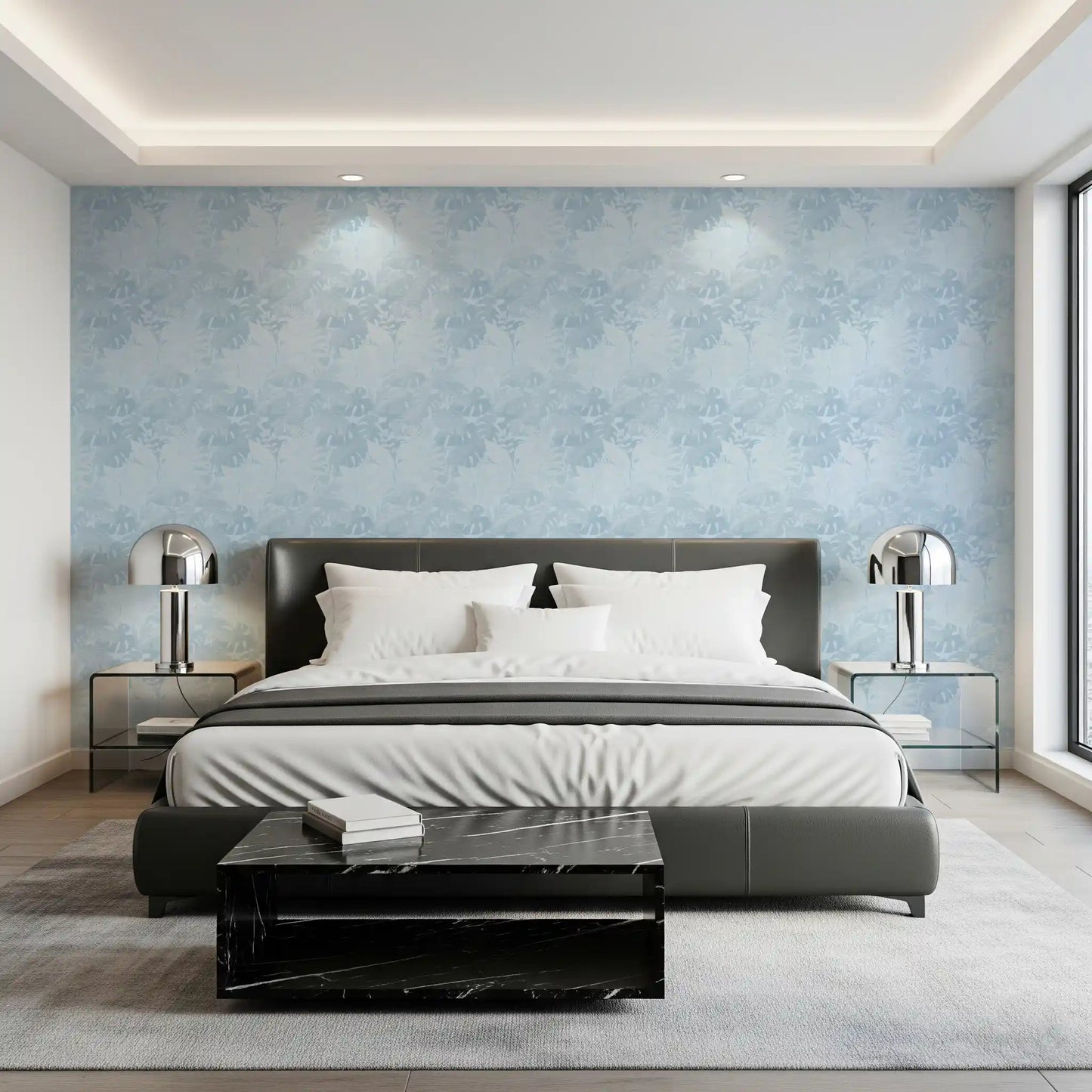 Bedroom Misty BlueLeaf wallpaper with layered tropical leaf pattern